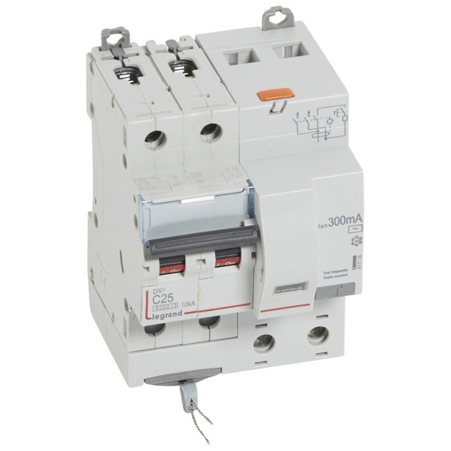 Автоматический выключатель дифференциального тока DX 6000 - 10 кА - тип характеристики С - 2П - 230 В~ - 25 А - тип AС - 300 мА - 4 модуля