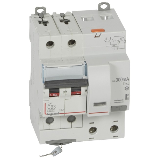 Автоматический выключатель дифференциального тока DX 6000 - 10 кА - тип характеристики С - 2П - 230 В~ - 63 А - тип AС - 300 мА - 4 модуля