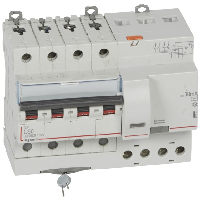 Автоматический выключатель дифференциального тока DX 6000 - 10 кА - тип характеристики С - 4П - 400 В~ - 50 А - тип AС - 30 мА - 7 модуля