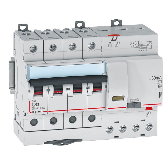 Автоматический выключатель дифференциального тока DX 6000 - 10 кА - тип характеристики С - 4П - 400 В~ - 63 А - тип AС - 30 мА - 7 модуля