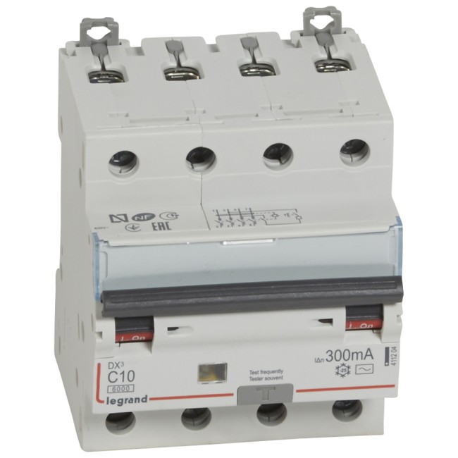 Автоматический выключатель дифференциального тока DX 6000 - 10 кА - тип характеристики С - 4П - 400 В~ - 10 А - тип AС - 300 мА - 4 модуля