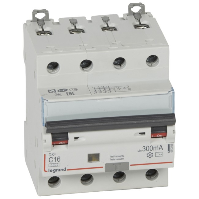 Автоматический выключатель дифференциального тока DX 6000 - 10 кА - тип характеристики С - 4П - 400 В~ - 16 А - тип AС - 300 мА - 4 модуля
