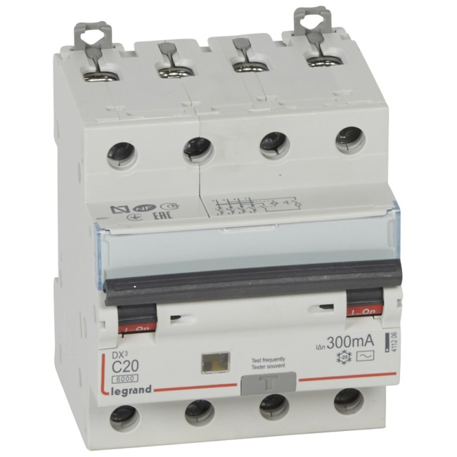 Автоматический выключатель дифференциального тока DX 6000 - 10 кА - тип характеристики С - 4П - 400 В~ - 20 А - тип AС - 300 мА - 4 модуля