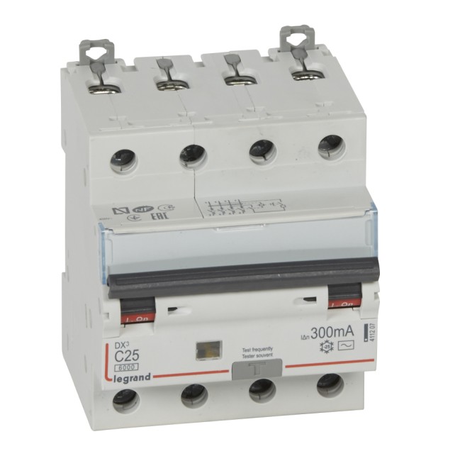Автоматический выключатель дифференциального тока DX 6000 - 10 кА - тип характеристики С - 4П - 400 В~ - 25 А - тип AС - 300 мА - 4 модуля