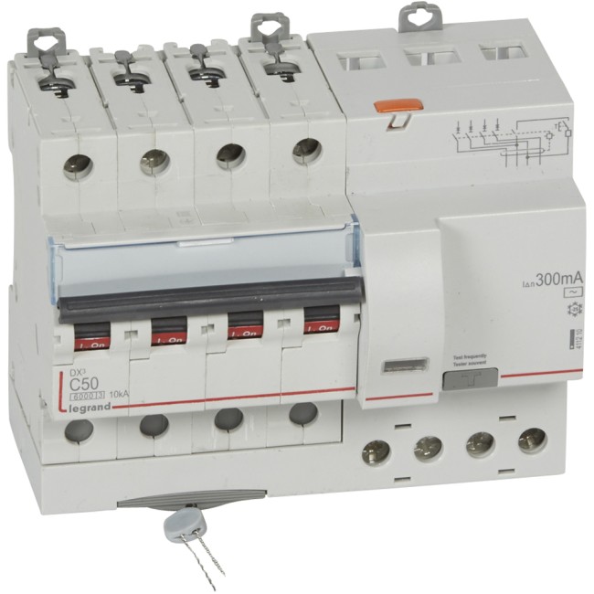 Автоматический выключатель дифференциального тока DX 6000 - 10 кА - тип характеристики С - 4П - 400 В~ - 50 А - тип AС - 300 мА - 7 модуля