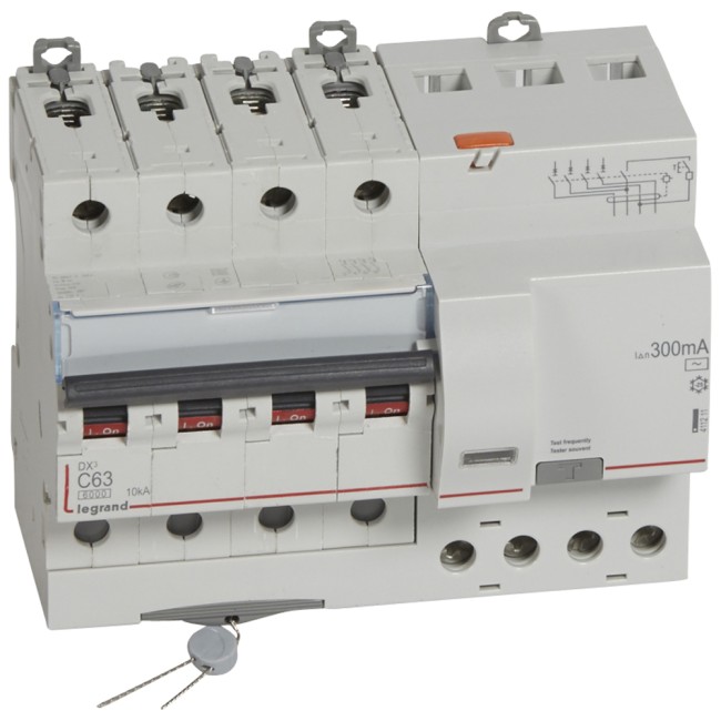 Автоматический выключатель дифференциального тока DX 6000 - 10 кА - тип характеристики С - 4П - 400 В~ - 63 А - тип AС - 300 мА - 7 модуля