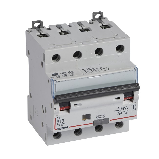 Автоматический выключатель дифференциального тока DX 6000 - 10 кА - тип характеристики B - 4П - 400 В~ - 16 А - тип A - 30 мА - 4 модуля