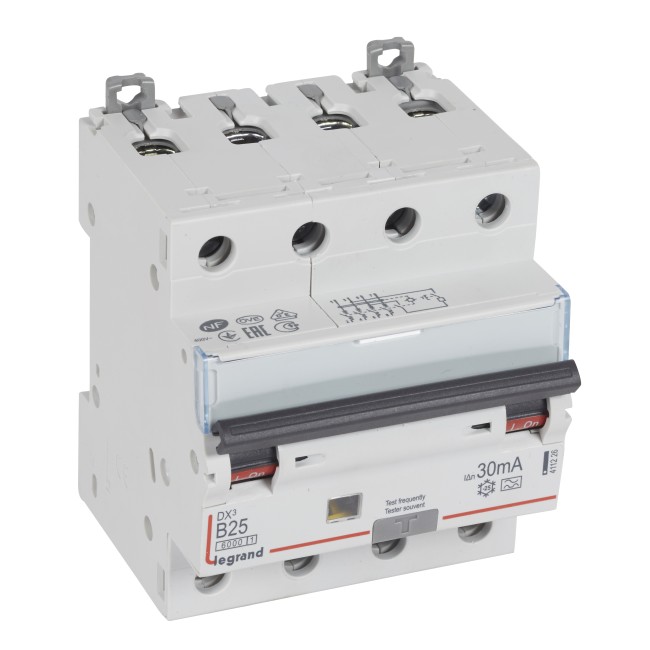 Автоматический выключатель дифференциального тока DX 6000 - 10 кА - тип характеристики B - 4П - 400 В~ - 25 А - тип A - 30 мА - 4 модуля