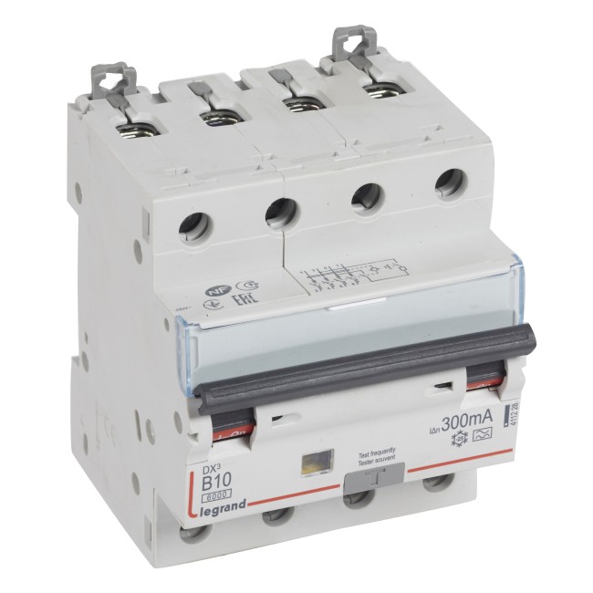 Автоматический выключатель дифференциального тока DX 6000 - 10 кА - тип характеристики B - 4П - 400 В~ - 10 А - тип A - 300 мА - 4 модуля