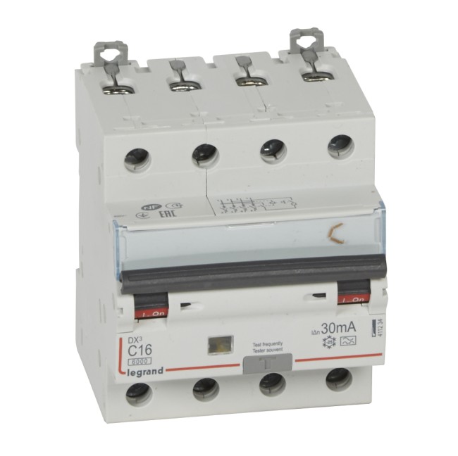 Автоматический выключатель дифференциального тока DX 6000 - 10 кА - тип характеристики С - 4П - 400 В~ - 16 А - тип A - 30 мА - 4 модуля