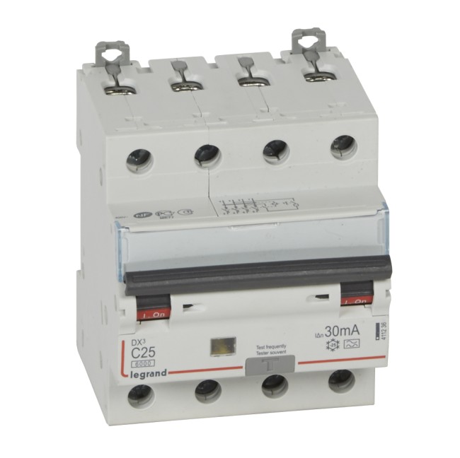 Автоматический выключатель дифференциального тока DX 6000 - 10 кА - тип характеристики С - 4П - 400 В~ - 25 А - тип A - 30 мА - 4 модуля