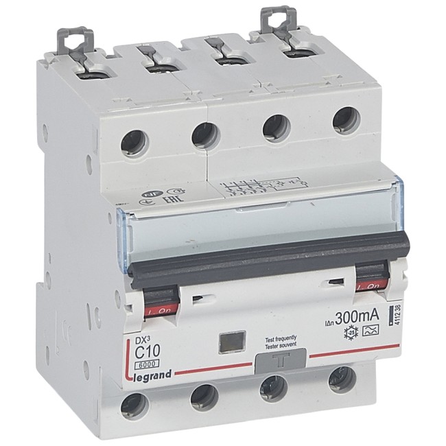 Автоматический выключатель дифференциального тока DX 6000 - 10 кА - тип характеристики С - 4П - 400 В~ - 10 А - тип A - 300 мА - 4 модуля
