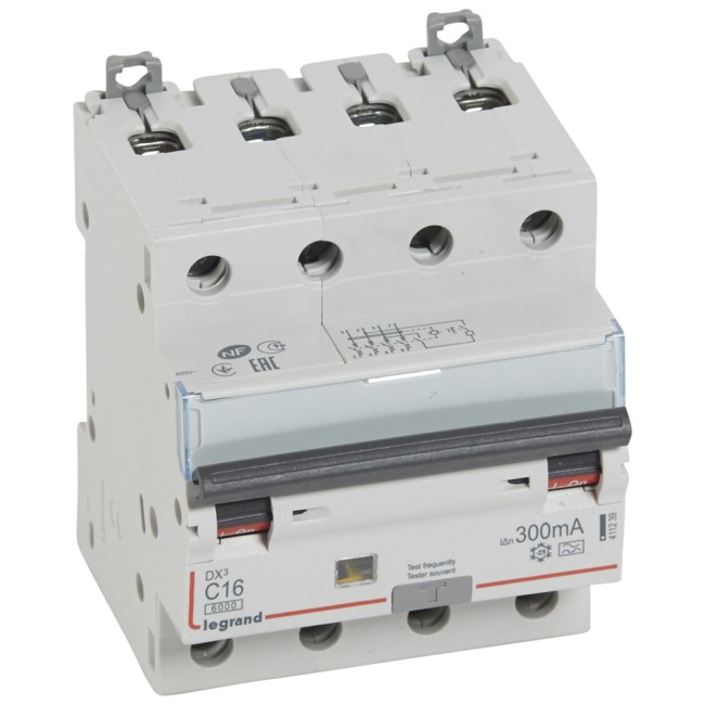 Автоматический выключатель дифференциального тока DX 6000 - 10 кА - тип характеристики С - 4П - 400 В~ - 16 А - тип A - 300 мА - 4 модуля