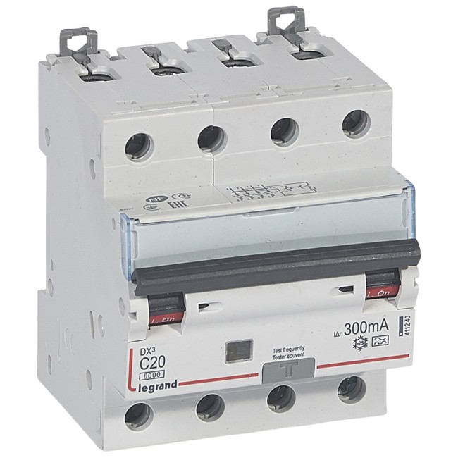 Автоматический выключатель дифференциального тока DX 6000 - 10 кА - тип характеристики С - 4П - 400 В~ - 20 А - тип A - 300 мА - 4 модуля
