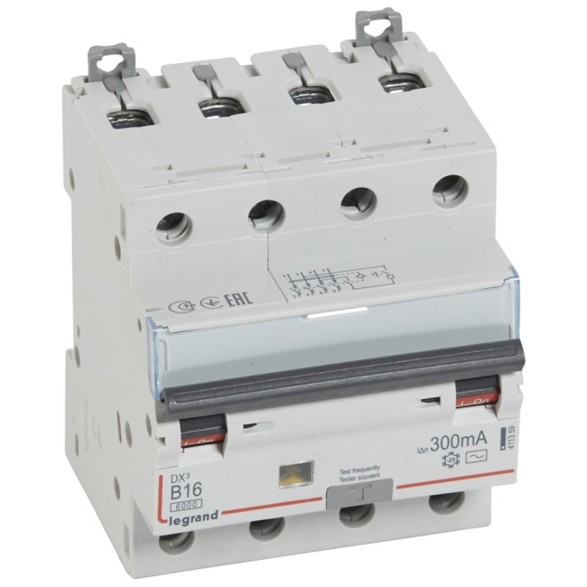 Автоматический выключатель дифференциального тока DX 6000 - 10 кА - тип характеристики B - 4П - 400 В~ - 16 А - тип AС - 300 мА - 4 модуля