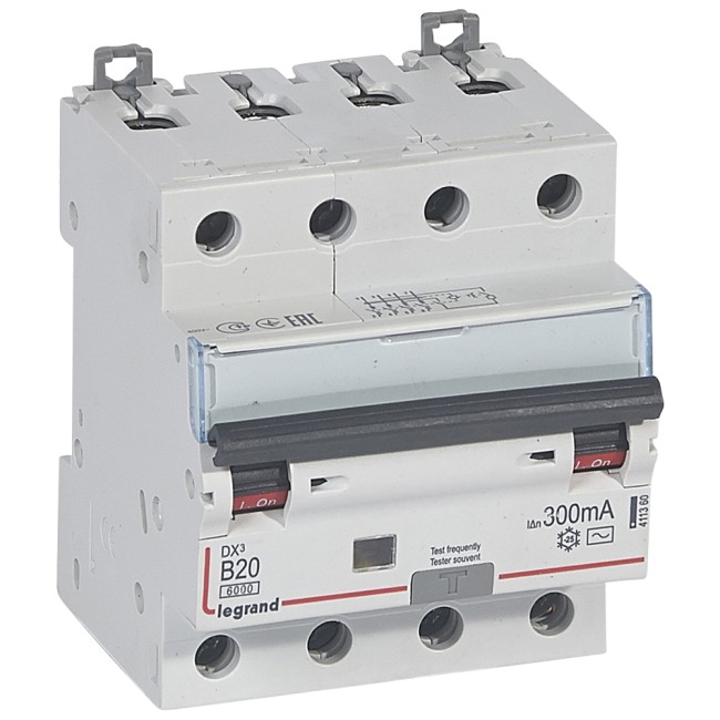 Автоматический выключатель дифференциального тока DX 6000 - 10 кА - тип характеристики B - 4П - 400 В~ - 20 А - тип AС - 300 мА - 4 модуля
