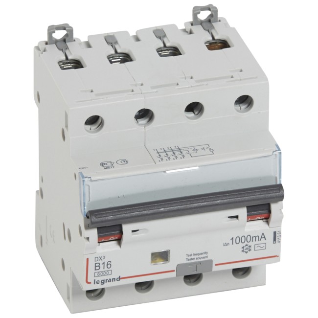 Автоматический выключатель дифференциального тока DX 6000 - 10 кА - тип характеристики B - 4П - 400 В~ - 16 А - тип AС - 1000 мА - 4 модуля
