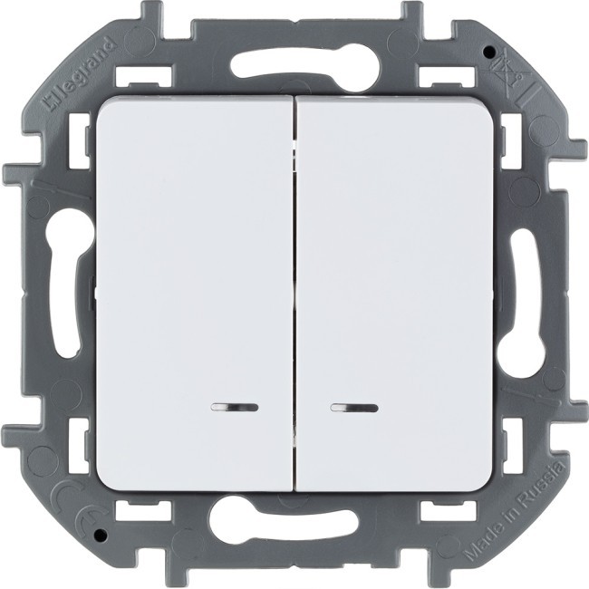 Переключатель модульный двухклавишный с подсветкой - INSPIRIA - 10 AX - 250 В~ - белый, 673665