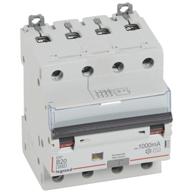 Автоматический выключатель дифференциального тока DX 6000 - 10 кА - тип характеристики B - 4П - 400 В~ - 20 А - тип AС - 1000 мА - 4 модуля